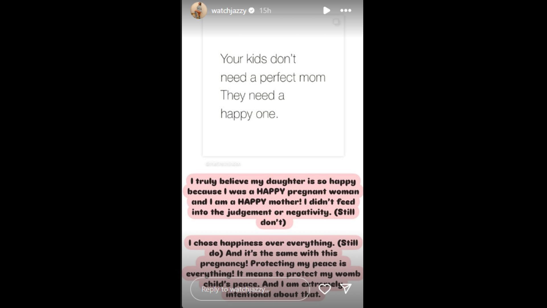 Jasmin Brown shared her mindset in motherhood and her current pregnancy (image credit: instagram/watchjazzy)